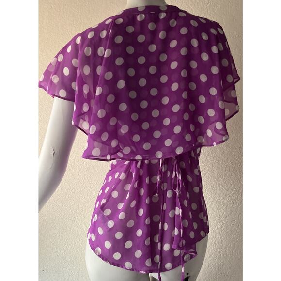 Vintage Y2K Barney Purple Blouse Button Up Ruffle Polka Dots Size M Fall staple - Picture 10 of 11